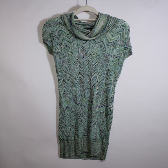 Y2K INC International Concepts Green Chevron Knitted Mini Dress With A Cowl Neck - Picture 1 of 4